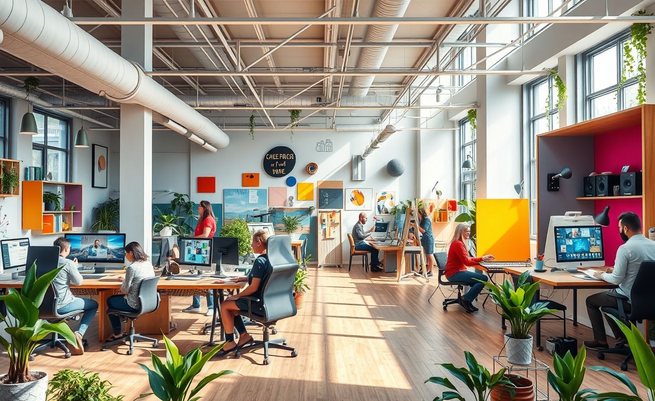 Profissionais trabalhando em espaço colaborativo da economia criativa