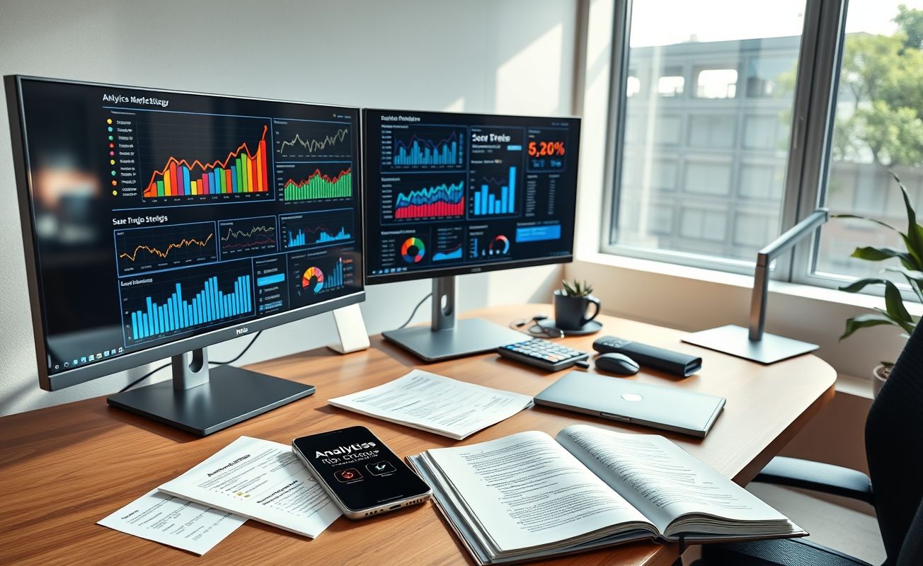 Workspace profissional de marketing digital com análise de métricas