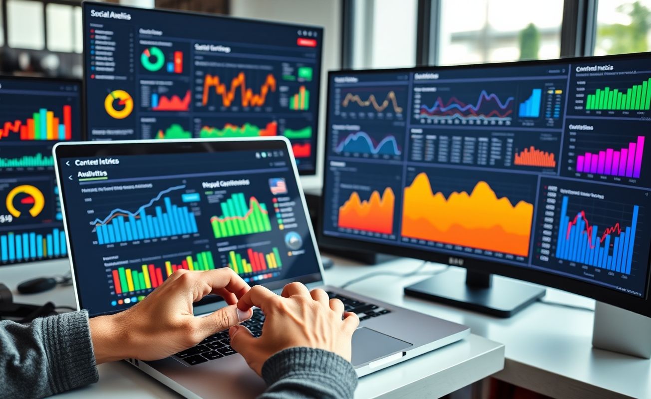 Analista de marketing digital trabalhando com métricas e dados