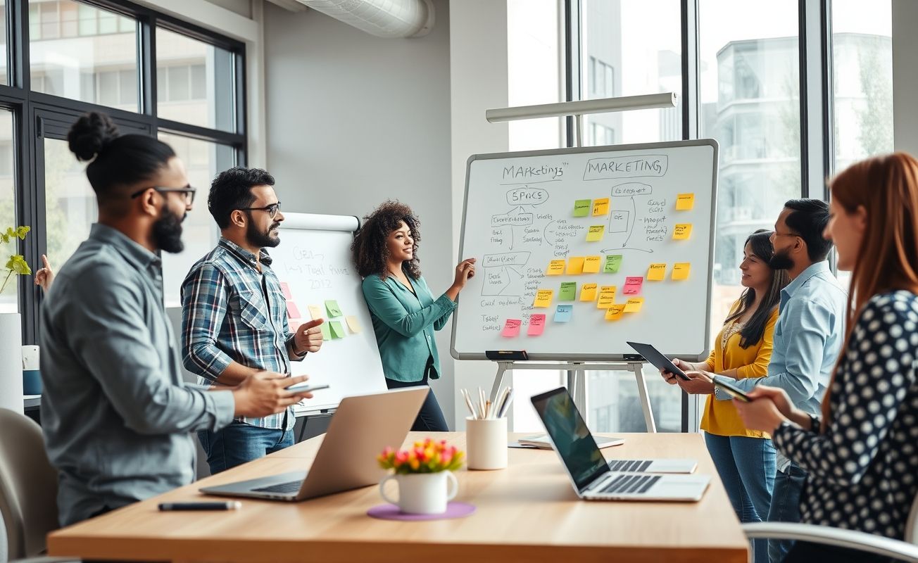 Profissionais trabalhando juntos em projeto de co-marketing