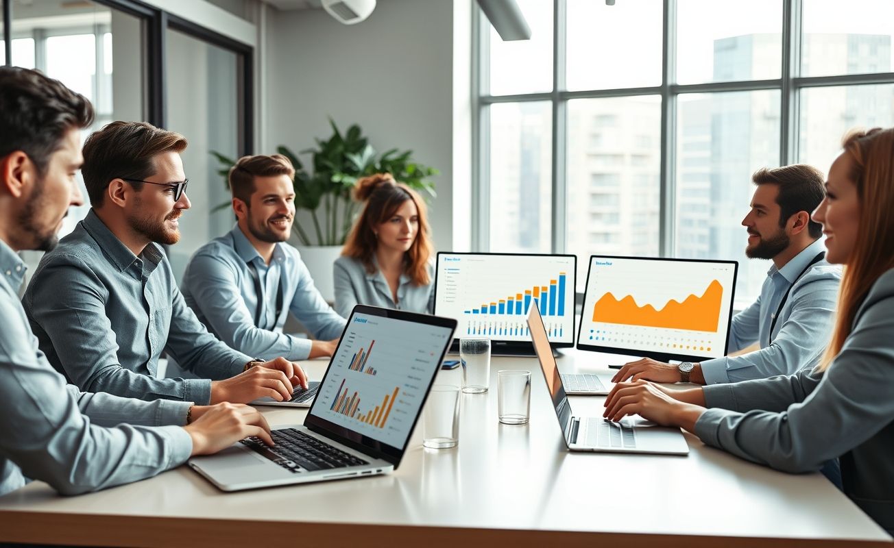 Reunião sobre marketing digital B2B com análise de dados