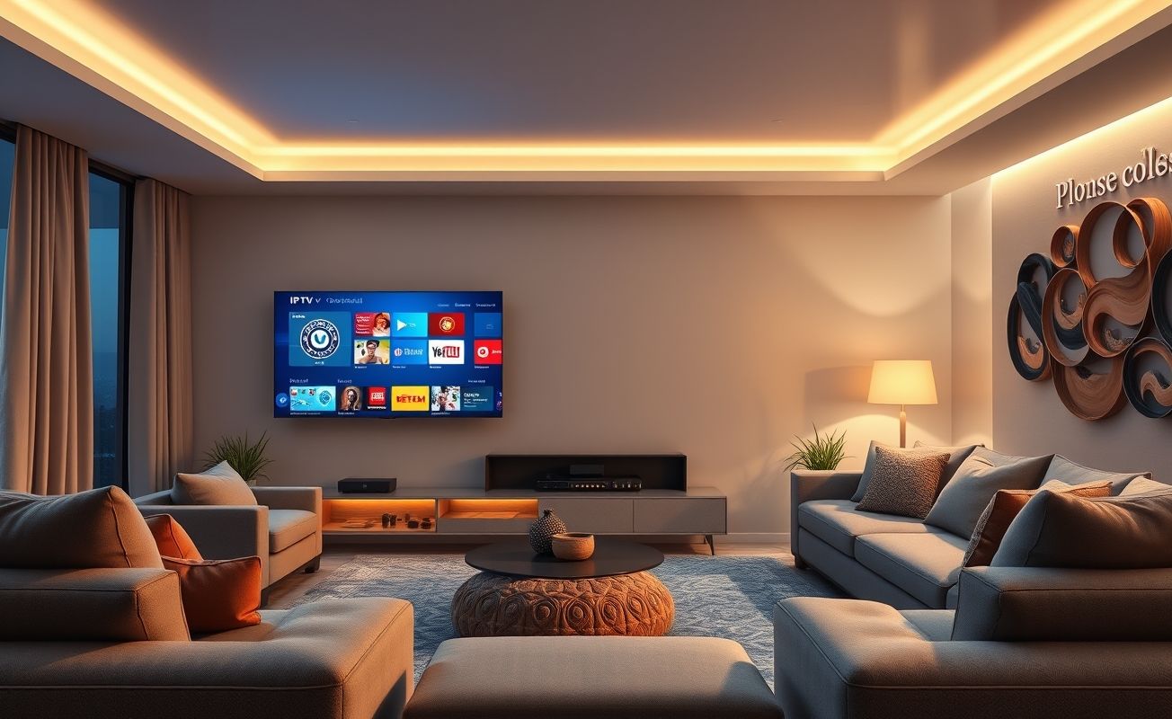 Smart TV mostrando interface de IPTV em sala moderna