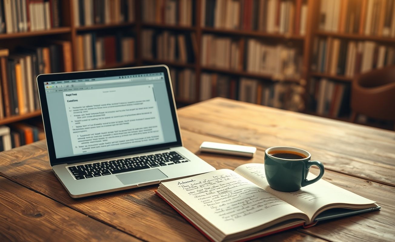 Workspace para redator freelance com laptop e materiais de trabalho