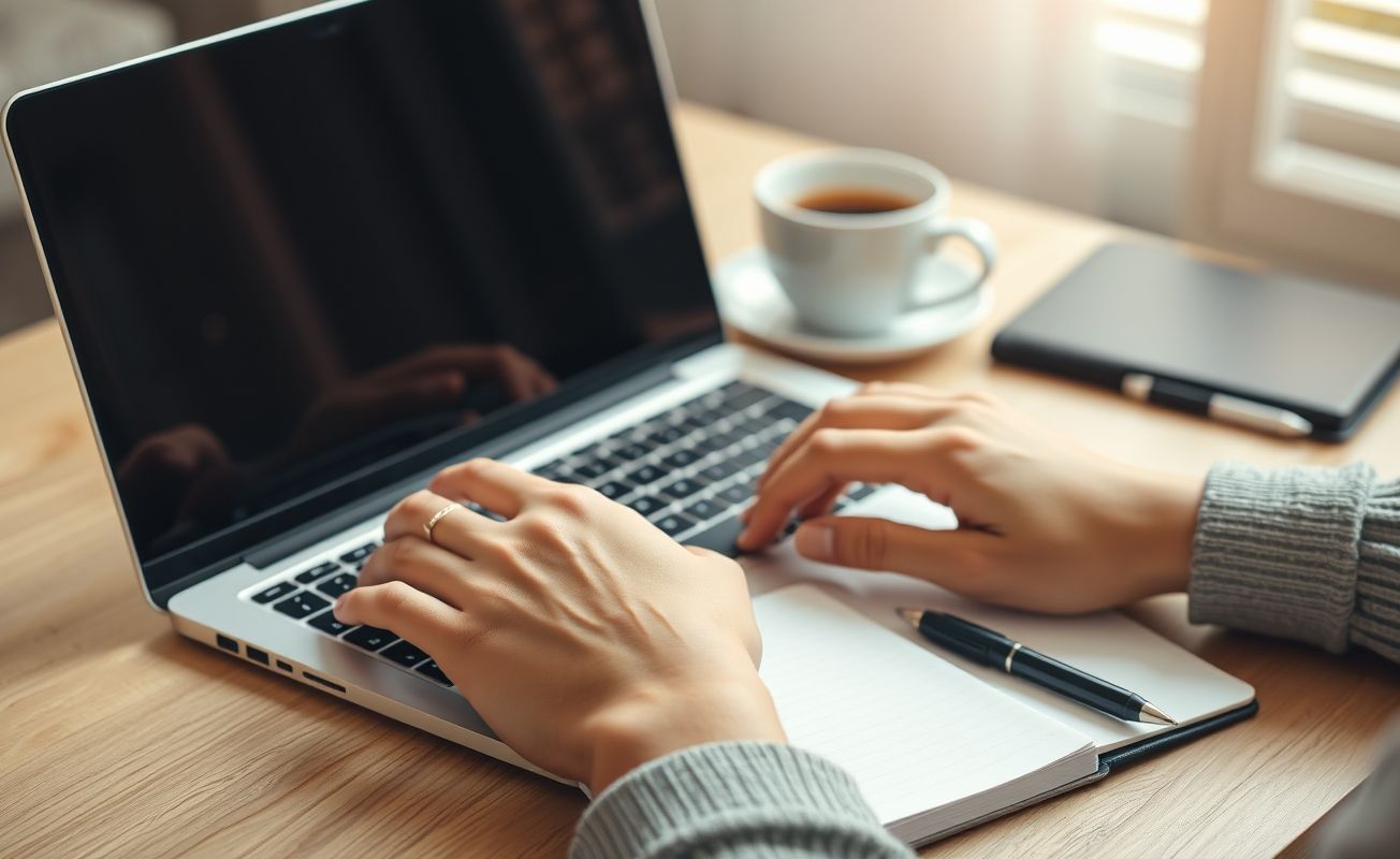 Mãos digitando em laptop para criação de conteúdo