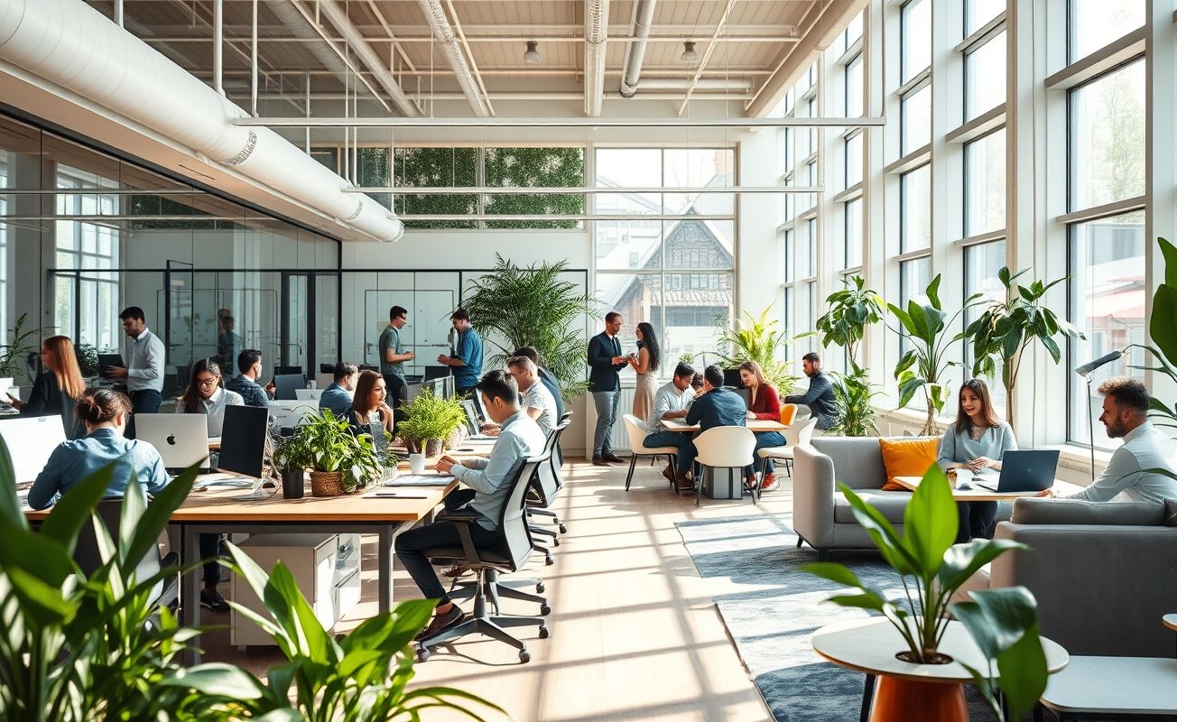 Sala de coworking moderna com profissionais trabalhando