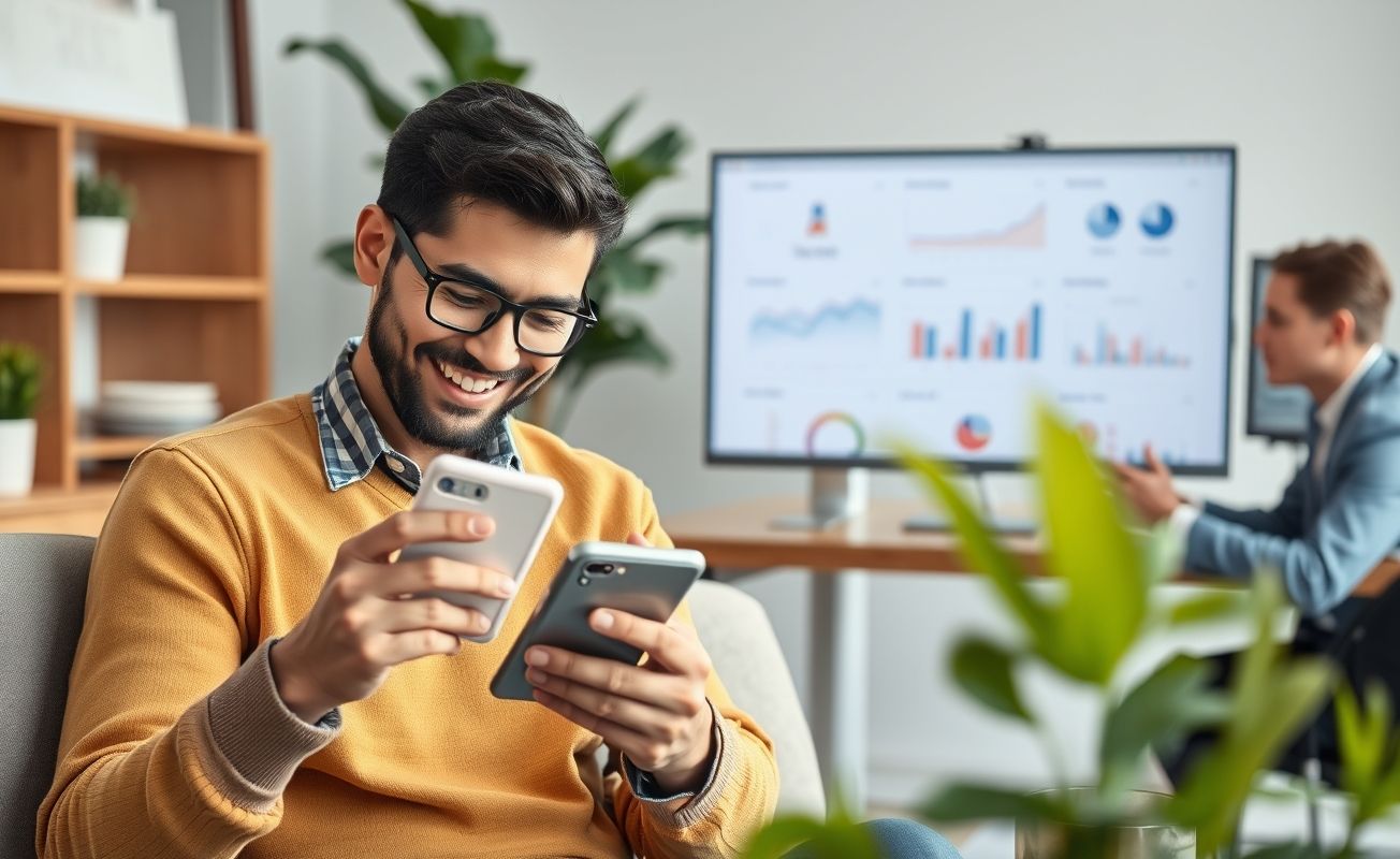 Cliente feliz usando produto com métricas de engajamento ao fundo